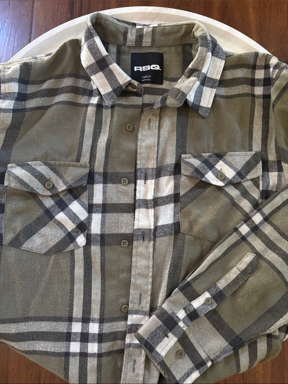 RSQ Olive and Cream Plaid Flannel Button-Down Shirt